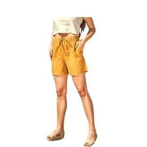 Calligraphie Linen Rayon Drawstring Shorts in Mustard, Size Large
